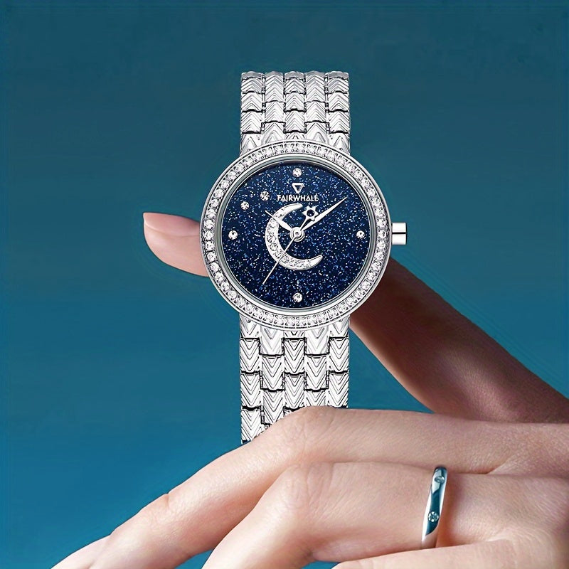 ساعات كوارتز دائرية بحزام من الفولاذ المقاوم للصدأ ومؤشر من سبائك الفولاذ المقاوم للصدأ وقرص من حجر الراين وساعات مضيئة بمرحلة القمر وسماء مرصعة بالنجوم وهدايا للعيد