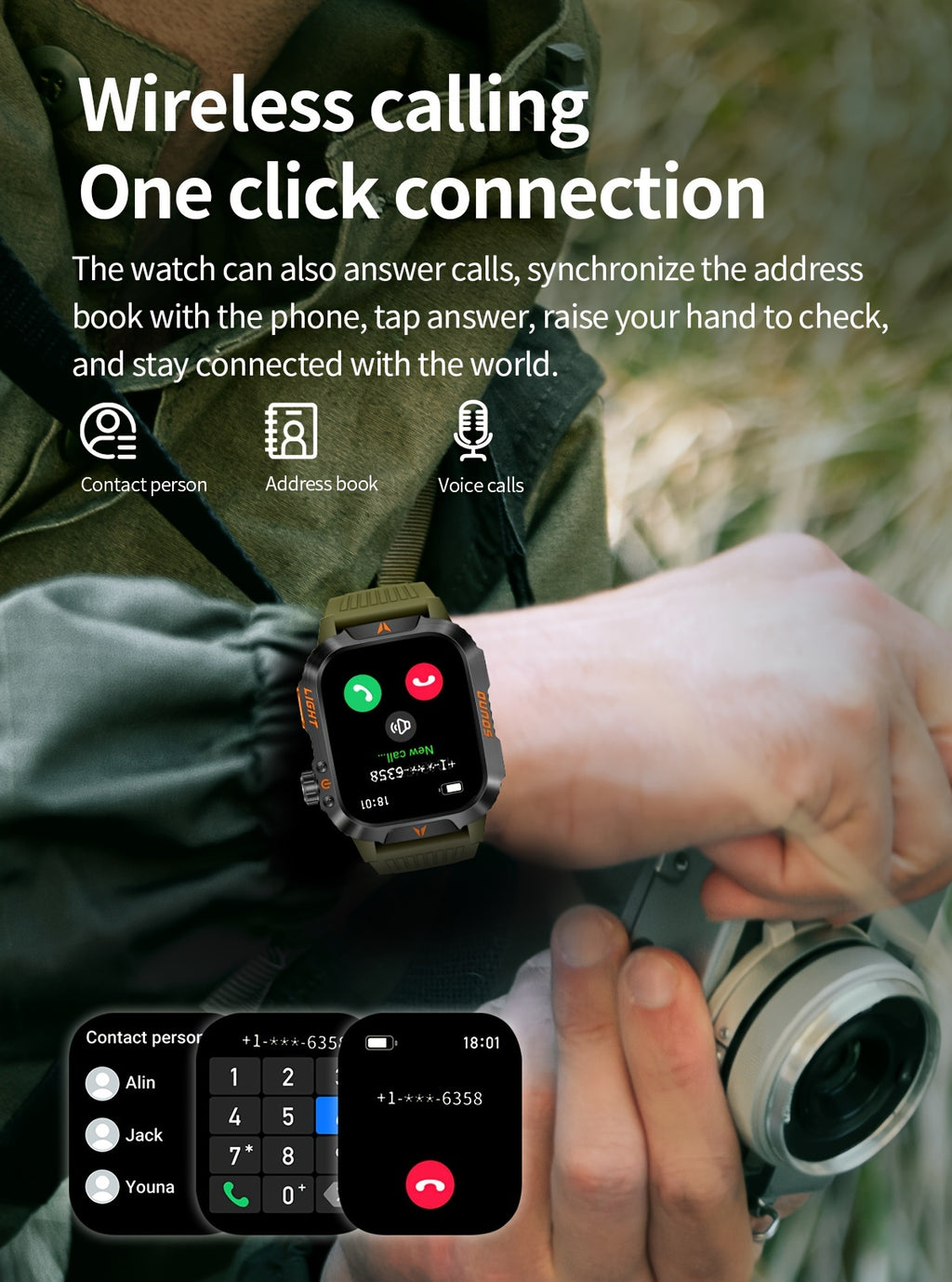 ساعة ذكية خارجية، مكالمات لاسلكية، ساعة رياضية، بوصلة، مقياس الارتفاع، مقياس الضغط الجوي، مصباح يدوي LED، IP68، عداد الخطوات، متتبع اللياقة البدنية، عرض معلومات الوسائط المتعددة، الطقس أكثر من 100 وضع رياضي، مناسبة لأجهزة Android iPhone، الرجال