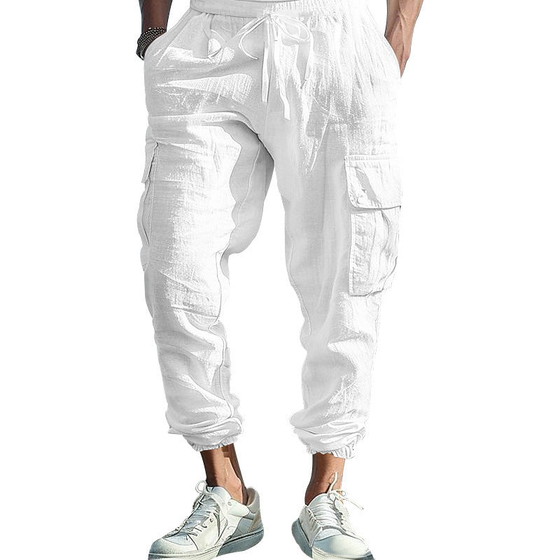 Mens Casual Cotton-Linen Pants With Multiple Pockets And A Drawstring