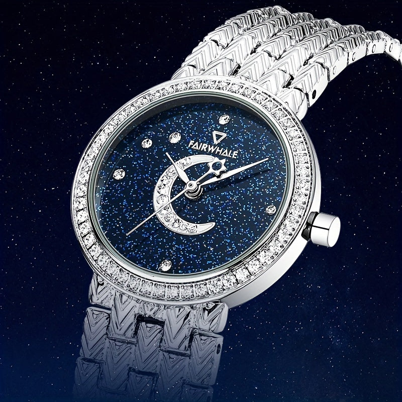 Round Quartz Watches Stainless Steel Strap Alloy Pointer Stainless Steel Rhinestone Dial Luminous Moon Phase Starry Sky Watches Gifts For Eid
