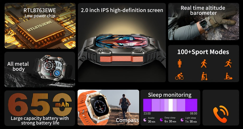 ساعة ذكية (للرد على المكالمات وإجراء المكالمات)، 2.0 بوصة، أكثر من 100 وضع رياضي، بوصلة لقياس الارتفاع والضغط، ونظام تحديد المواقع العالمي (GPS)، وعرض عنوان ماك، ساعات لأجهزة أندرويد وآيفون. ساعة لياقة بدنية للنساء والرجال.