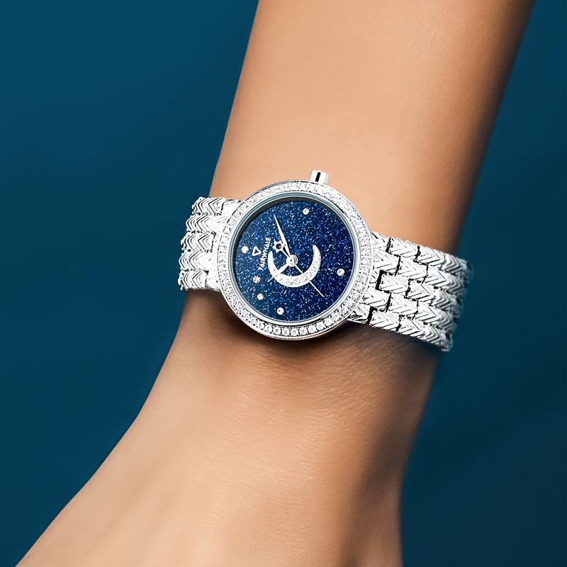 ساعات كوارتز دائرية بحزام من الفولاذ المقاوم للصدأ ومؤشر من سبائك الفولاذ المقاوم للصدأ وقرص من حجر الراين وساعات مضيئة بمرحلة القمر وسماء مرصعة بالنجوم وهدايا للعيد