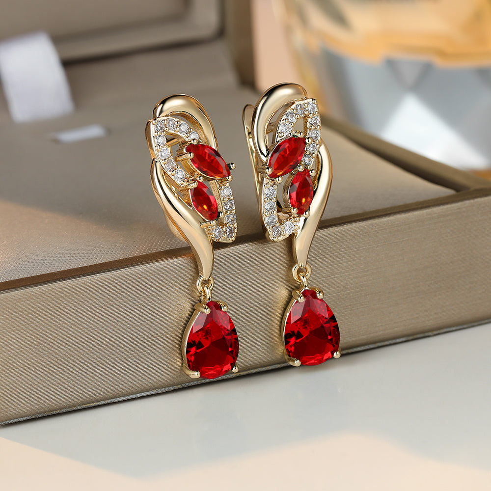 ANGOL Romantic Flower Dangle Earrings for Women - Golden-Tone Floral Design with Red & Clear Synthetic Gemstones, Elegant Party & Everyday Jewelry Gifts