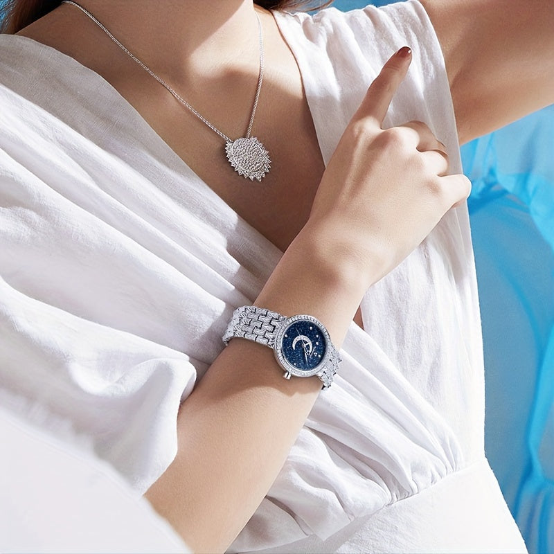 ساعات كوارتز دائرية بحزام من الفولاذ المقاوم للصدأ ومؤشر من سبائك الفولاذ المقاوم للصدأ وقرص من حجر الراين وساعات مضيئة بمرحلة القمر وسماء مرصعة بالنجوم وهدايا للعيد