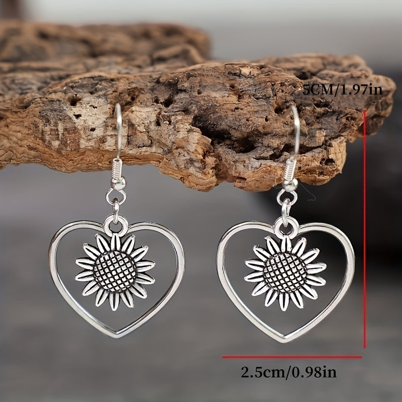Retro Bohemian Hollow Heart With Sunflower Design Dangle Earrings Zinc Alloy Silver Plated Jewelry Female Trendy Gift