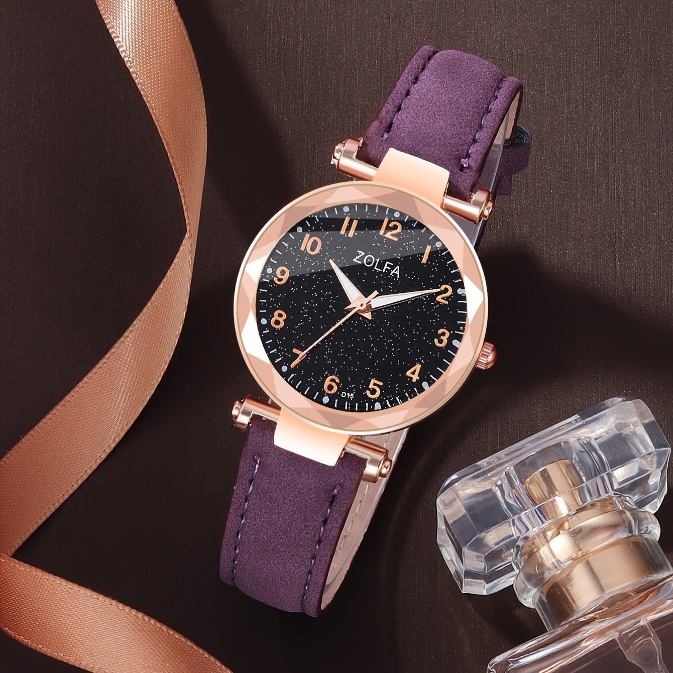 6pcs Purple Quartz Watches For Women Pu Leather Wrist Watch Alloy Pointer Jewelry Set Great Gift For Her Mom Girlfriend Gifts For Eid