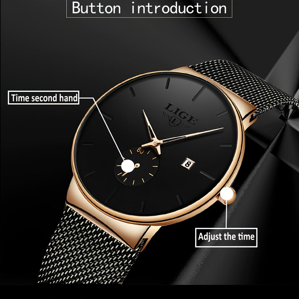LIGE Minimalist Casual Men's Watch with Stainless Steel Mesh Belt. Leisure Fashion Men's Business Quartz Watches. Waterproof Calendar Wristwatch. Suitable for Gifts to Men.