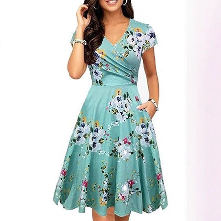 Women's Retro Floral Print Polka-Dot V-Neck Full-Sleeve Casual Dress With Pockets