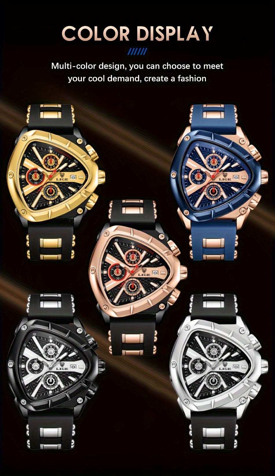 Sports Triangle Mens Watches, Luminous Pointers Fashion Rubber Strap Waterproof Irregular Quartz Wristwatch