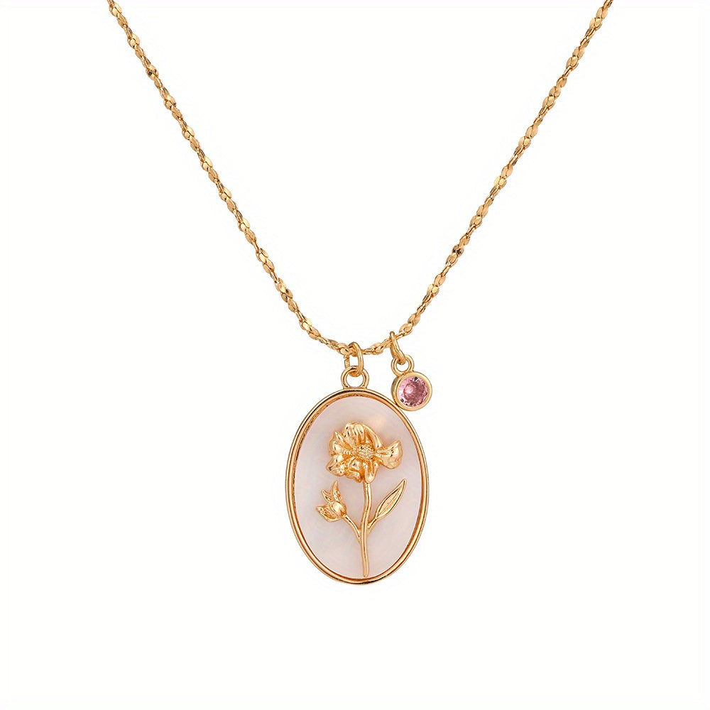 1pc Vintage Elegant 3D Birth Flower Pendant Necklace, 14K Golden Plated Copper with Synthetic December Birthstone, Oval White Shell Charm for Daily & Gift Occasions, Valentine'S Day Jewelry
