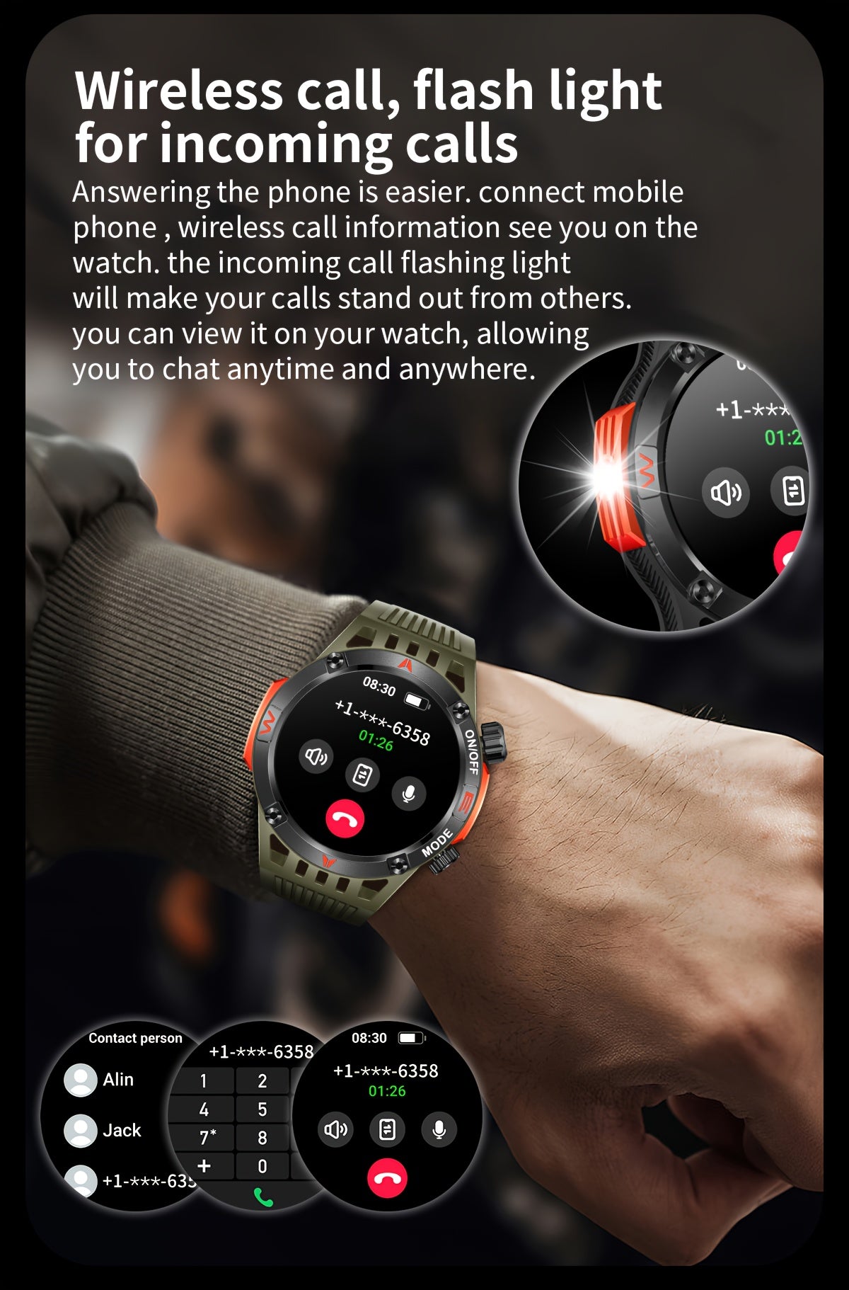 ساعة ذكية QTLJJBY لاسلكية للرد على المكالمات وSOS ساعة رياضية خارجية LED IP68 بوصلة متتبع اللياقة البدنية عداد الخطوات شاشة عرض رسائل الوسائط المتعددة، مناسبة للهواتف المحمولة، ساعات ذكية للرجال والنساء كهدية