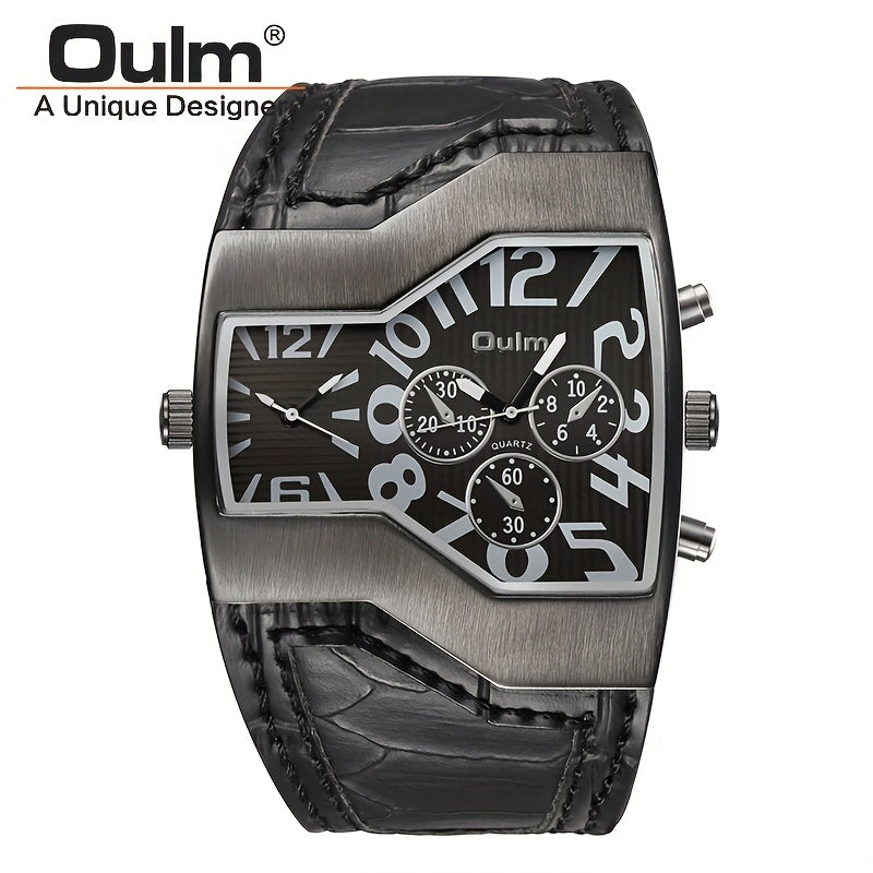 Oulm Classic Style Two Time Zone Men's Watches PU Leather Wristwatch Male Quartz Clock, Ideal choice for Gifts