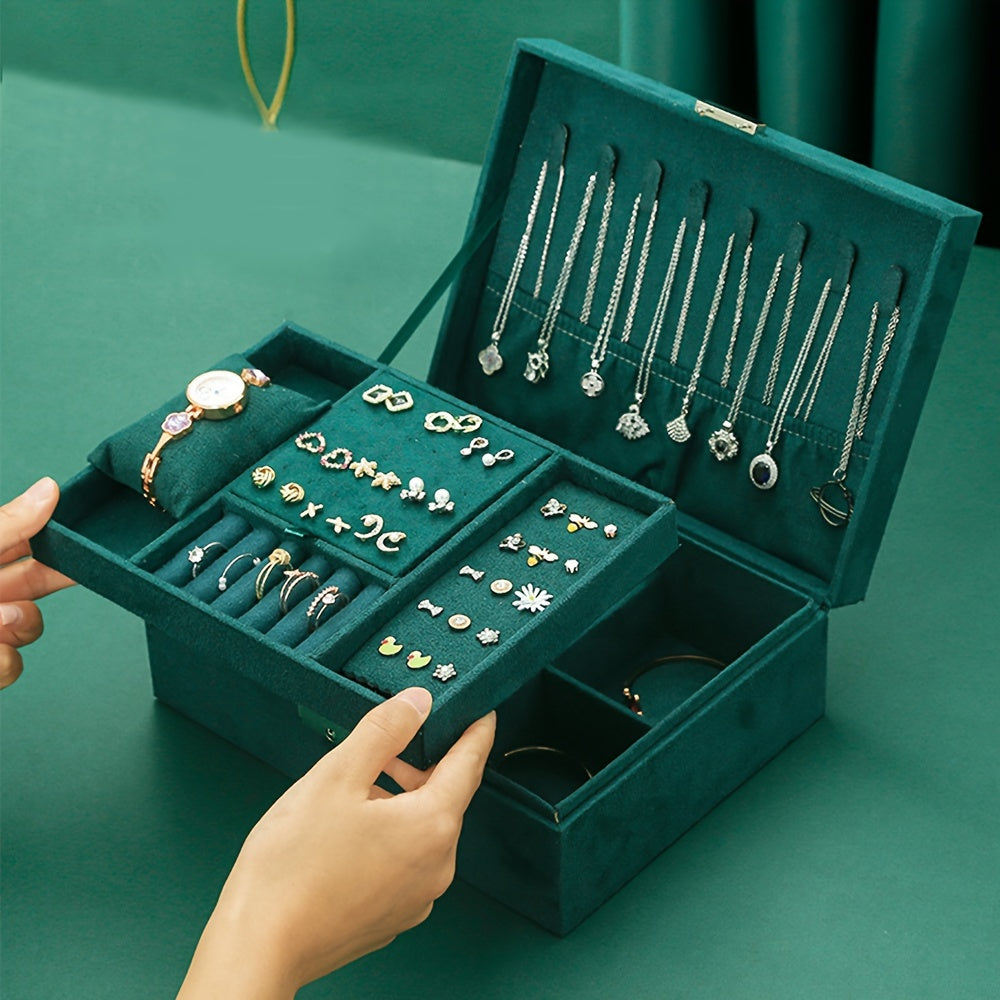 Vintage Glamour Jewelry Organizer Box - Spacious Dual-Level Storage with Lock, Safeguard Your Necklaces, Watches & Earrings in Style