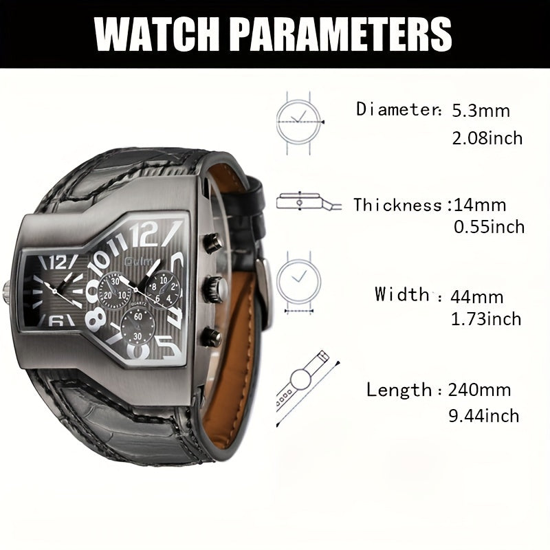 Oulm Classic Style Two Time Zone Men's Watches PU Leather Wristwatch Male Quartz Clock, Ideal choice for Gifts