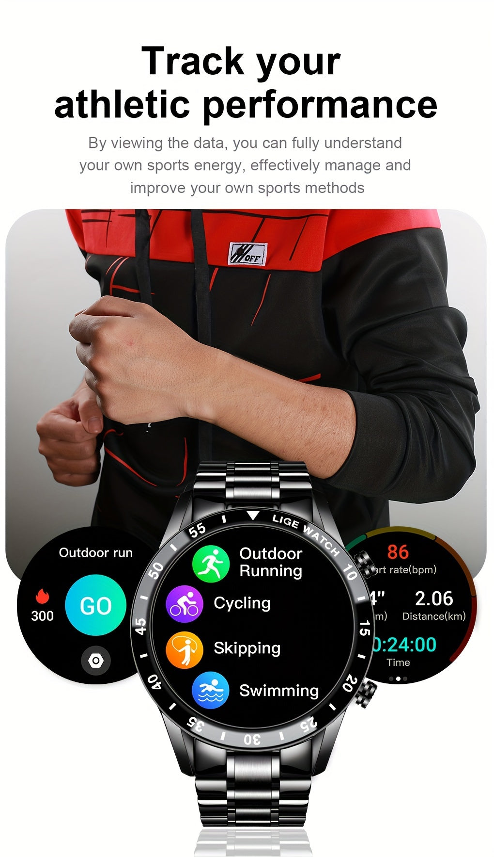 ساعة ذكية أنيقة بشاشة لمس كاملة، الرد على المكالمات الواردة ورفضها، ساعات ذكية للتحكم بالموسيقى، اهتزاز لالتقاط الصور، التحكم بالموسيقى، مراقبة النوم، عد الخطوات، العد التنازلي، ساعة اللياقة البدنية الرياضية