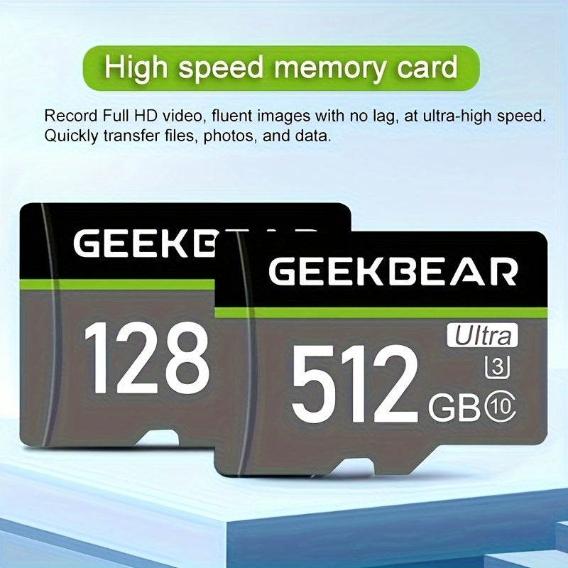 GeekBear Ultra High Speed Micro SD Cards: 512GB, 256GB, 128GB - Compatible with Cameras, Android Phones, and Computers