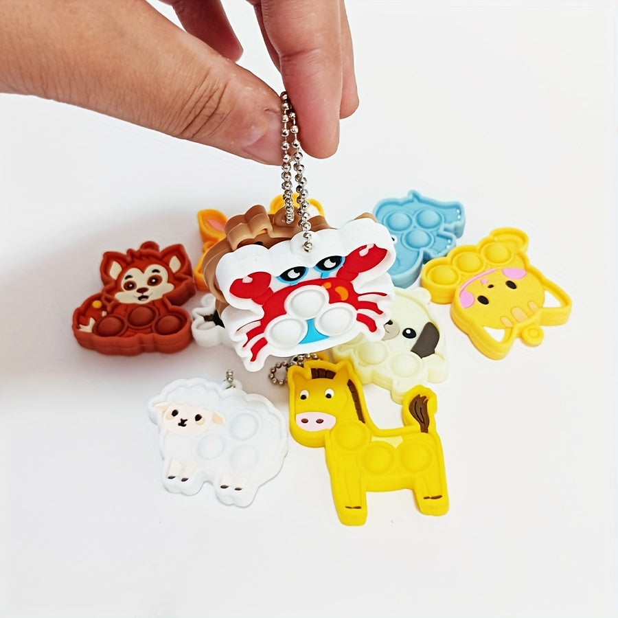 10-Pack Animal Pop Fidget Toy Keychains - Silicone Bubble Popping Toys for Kids Ages 3-6, Party Favors for Birthday, Christmas, Halloween Gifts