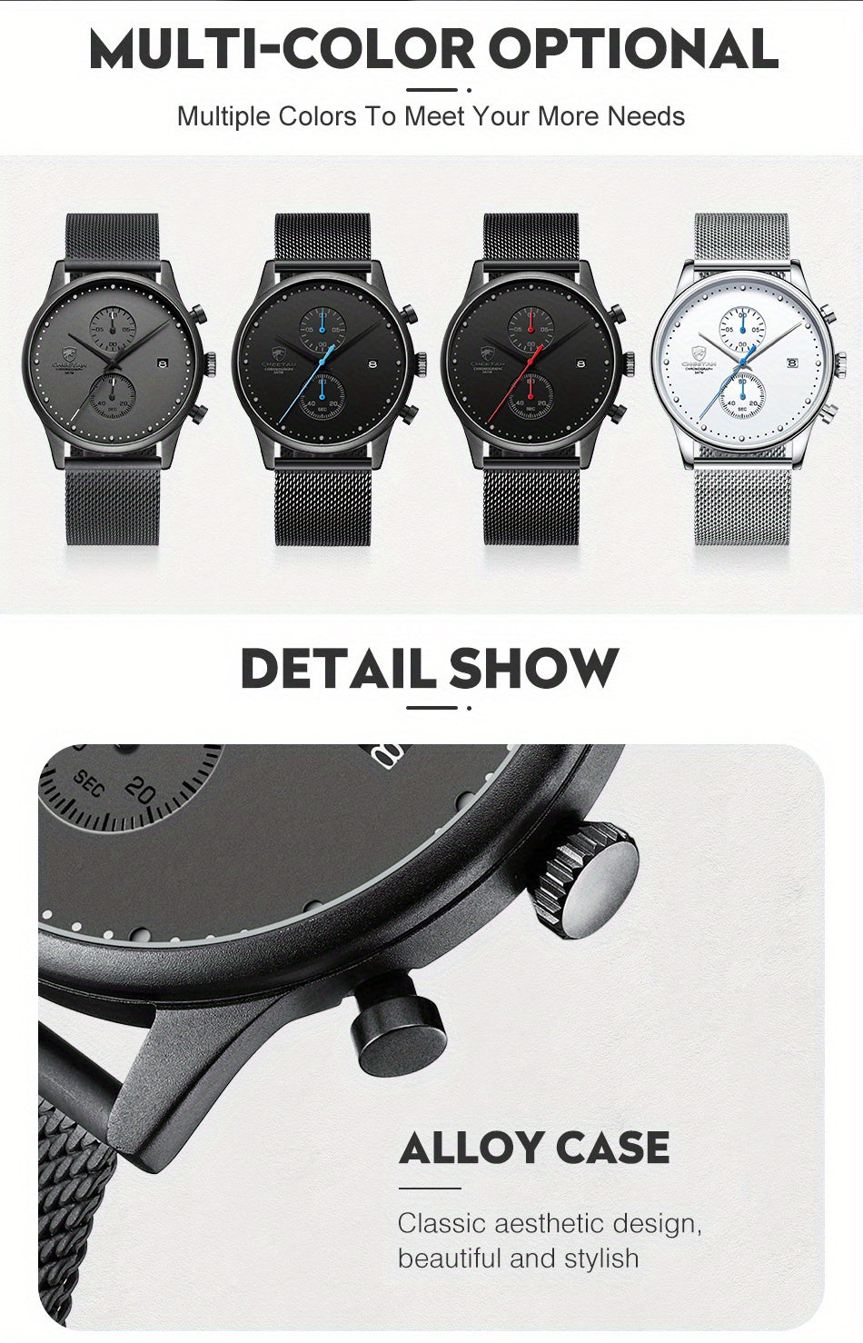 New CHEETAH Brand Fashion Casual Men Watches Chronograph Quartz Stainless Steel Mesh Waterproof Sports Clock with Auto Date