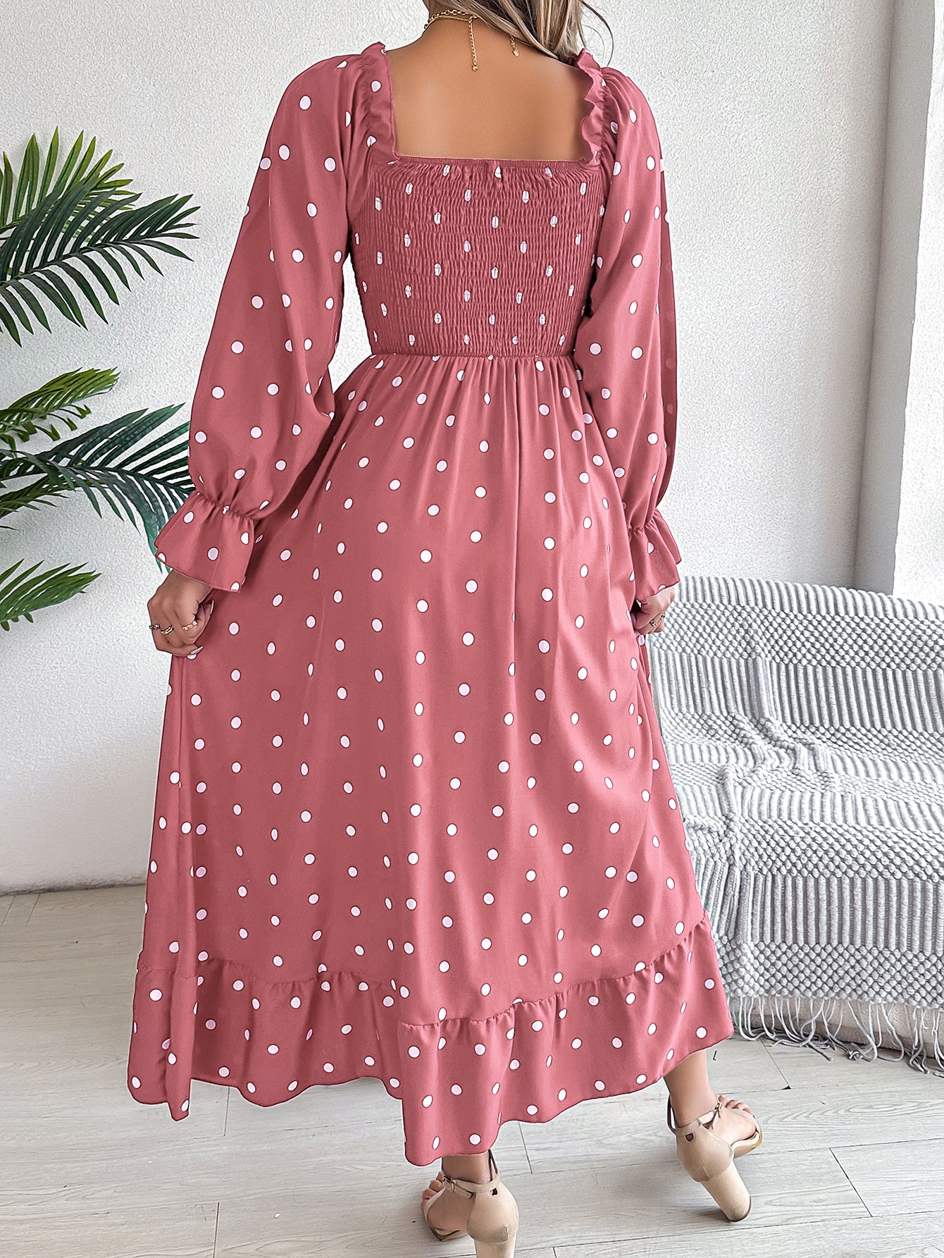 Women's Scalloped Hem Square Neck Polka Dot Flared Maxi Dress