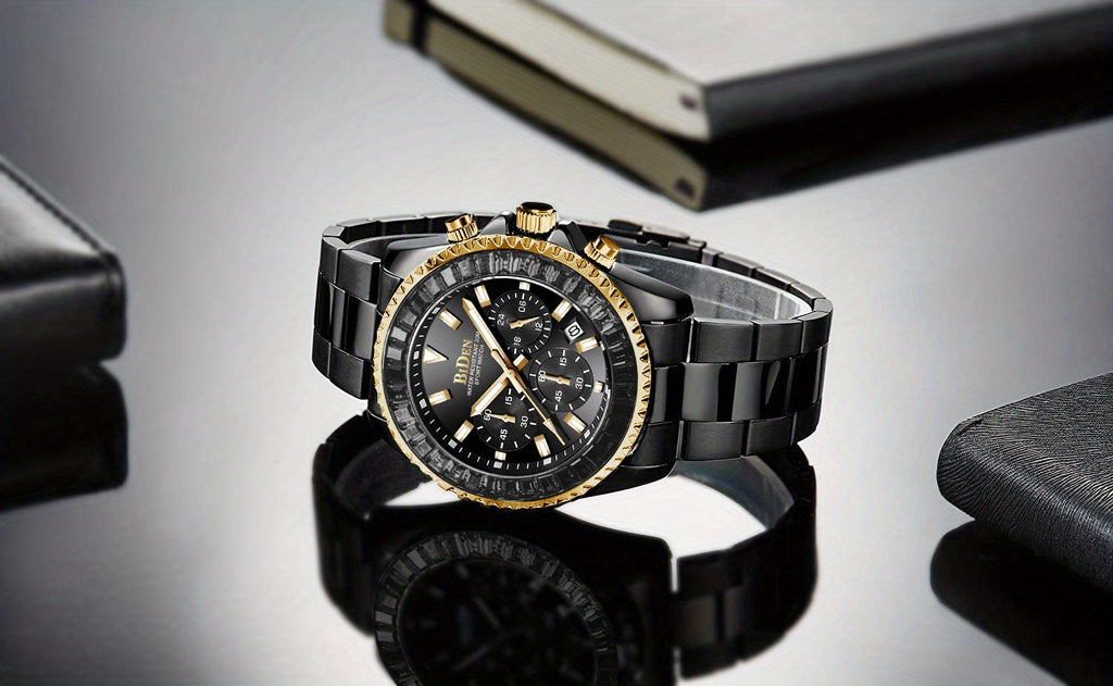 ساعة كوارتز كرونوغراف للرجال بسوار من الفولاذ المقاوم للصدأ ومقاومة للماء وتاريخ اليوم، ساعات يد كاجوال للأعمال