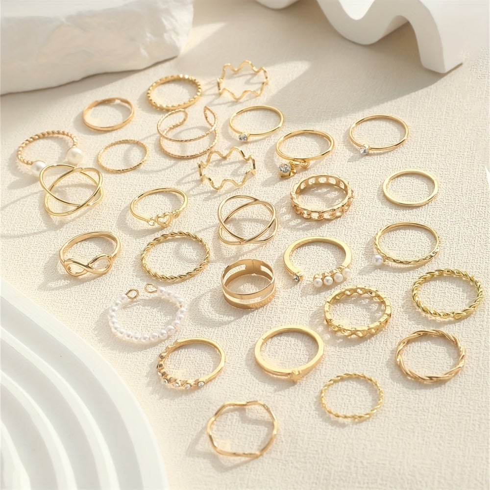 28pcs Coquette Stacking Rings Set - Inlaid Rhinestone, Trendy Infinity Chain, Heart Design, Mix and Match, Daily Wear, Party Accessories, Fashion Jewelry for Women