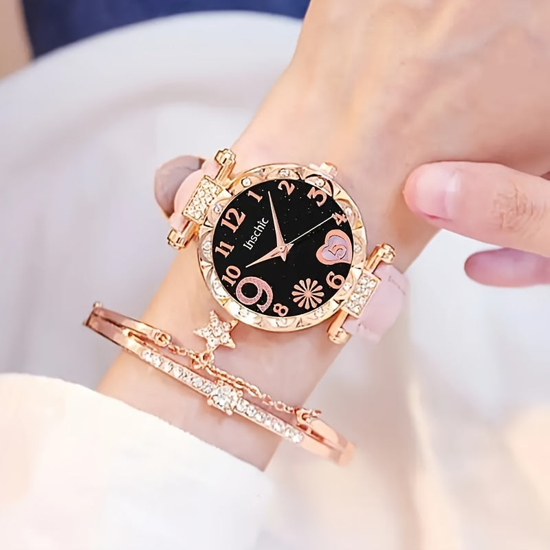 2pcs/set Women's Chic Quartz Heart-Shaped Watches and Sparkling Star Bracelet Set - an Elegant Gift For Her, The Perfect Choice For Valentine's Day
