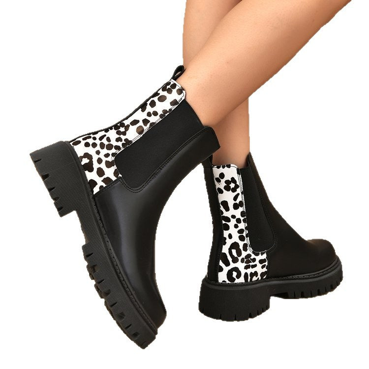 Round-toe Chunky-heel Patchwork Casual All-matching Boots