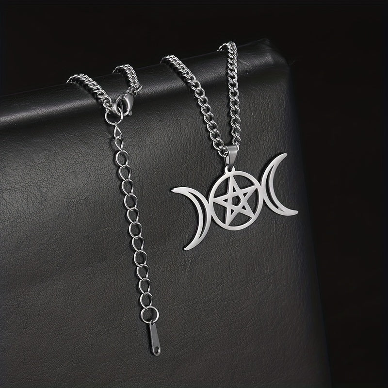 Moon Pentagram Round Pendant Necklace Stainless Steel Amulet Necklaces Jewelry