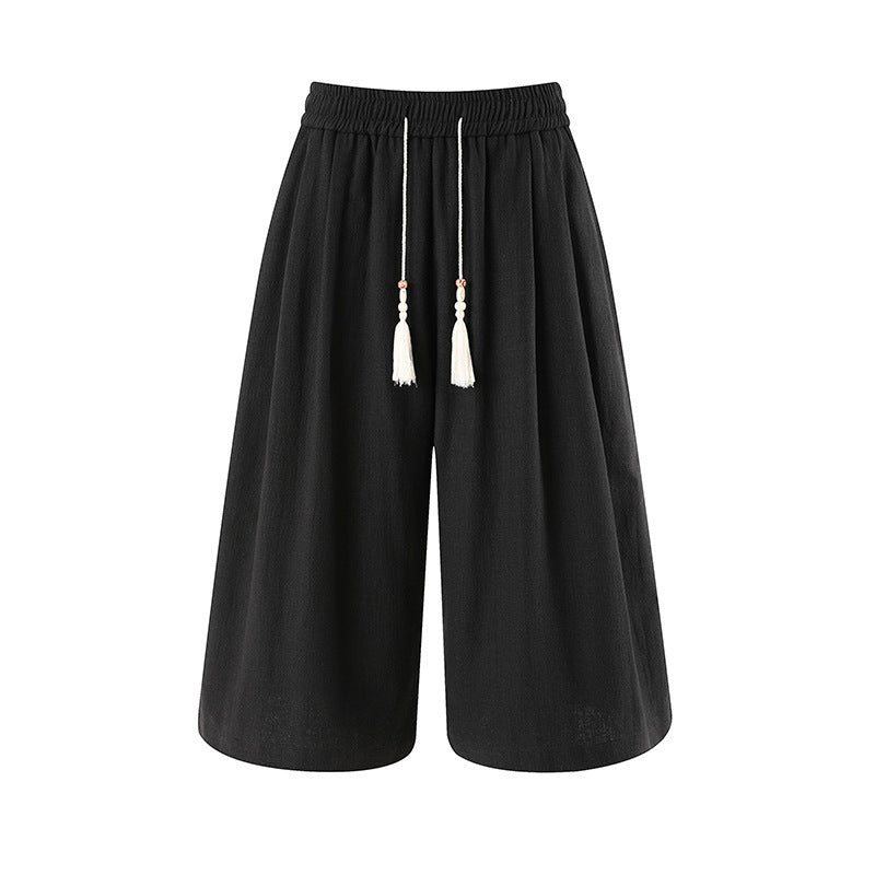 Retro Cotton-linen Wide-leg Casual Capri Pants