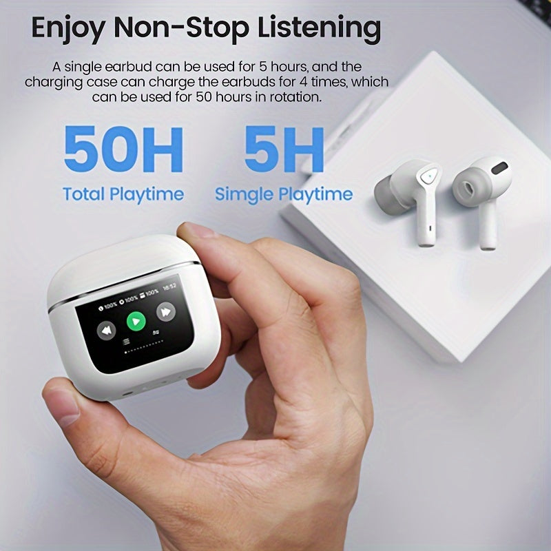 50H Playtime Smart Wireless Earbuds 5.3 with Touch Screen Charging Case - Bass Stereo Earphones with Mic for Sports, Work, Android/Phones
