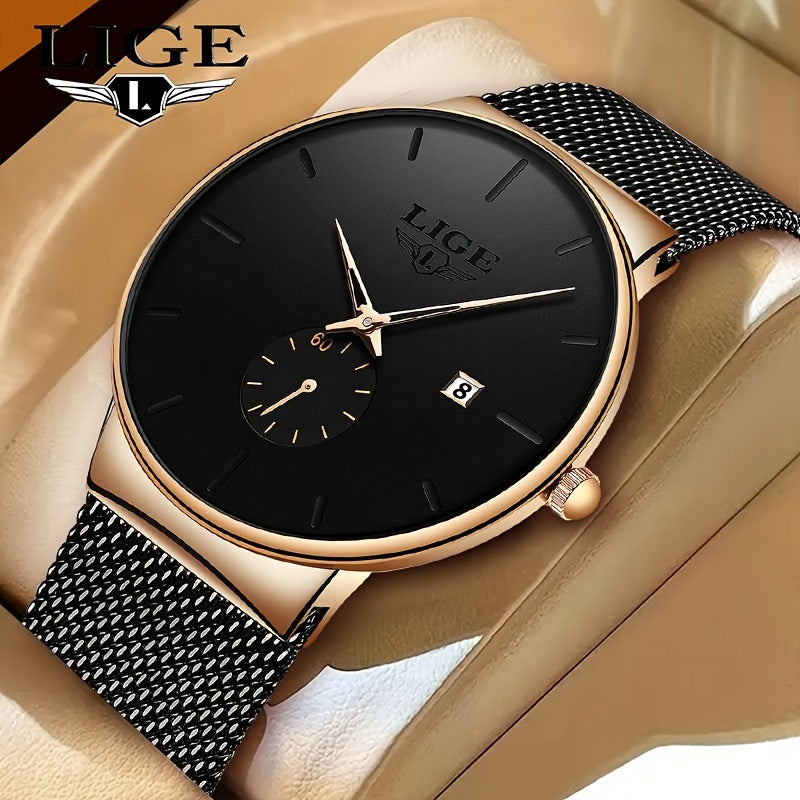 LIGE Minimalist Casual Men's Watch with Stainless Steel Mesh Belt. Leisure Fashion Men's Business Quartz Watches. Waterproof Calendar Wristwatch. Suitable for Gifts to Men.