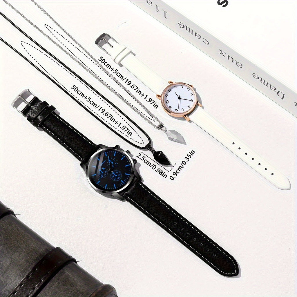 4pcs/set Romantic Couples Watch & Necklace Set - Stylish Quartz Watches with Adjustable Leather Bands & Matching Heart Pendants, Perfect Valentines Day Gift for Lovers