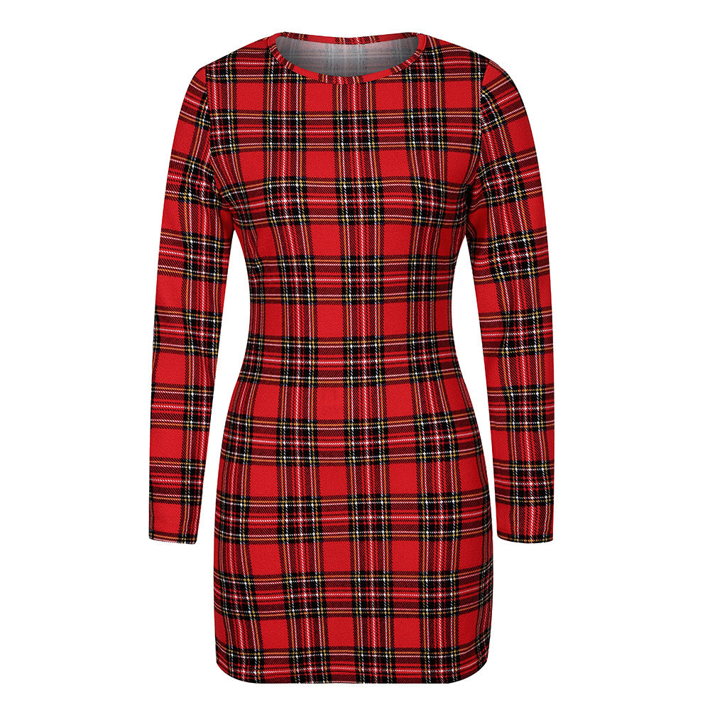 Women's Hip-Hugging Casual Plaid Slim-Fit Long-Sleeve Dress