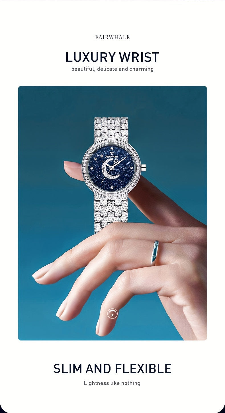 ساعات كوارتز دائرية بحزام من الفولاذ المقاوم للصدأ ومؤشر من سبائك الفولاذ المقاوم للصدأ وقرص من حجر الراين وساعات مضيئة بمرحلة القمر وسماء مرصعة بالنجوم وهدايا للعيد