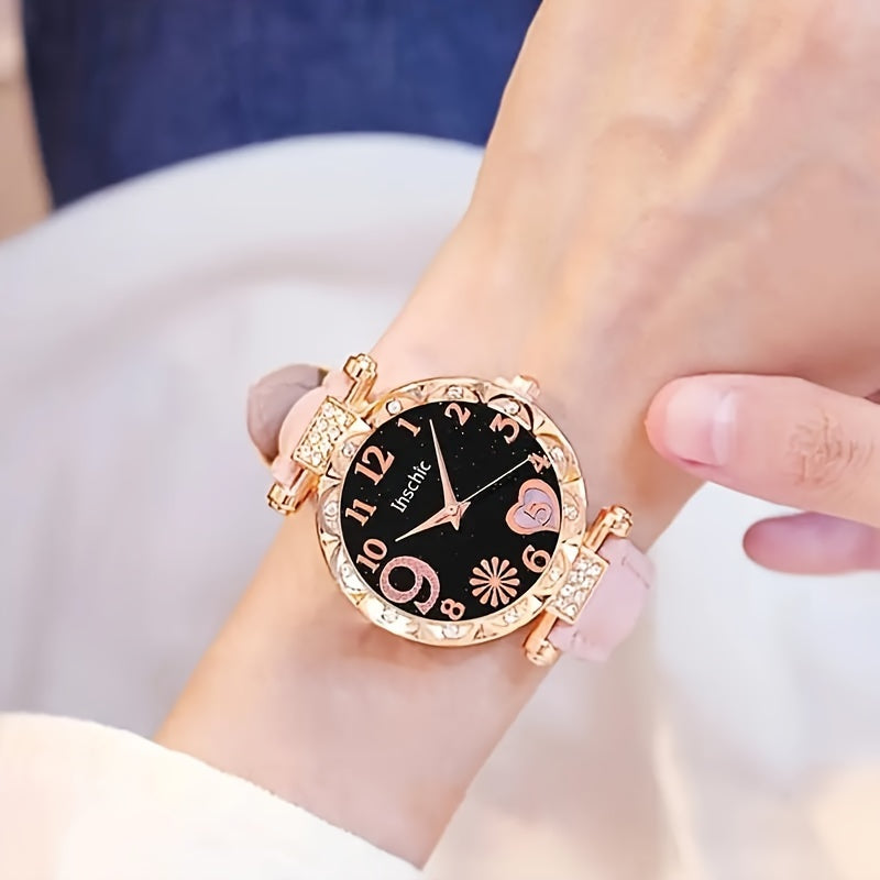 2pcs/set Women's Chic Quartz Heart-Shaped Watches and Sparkling Star Bracelet Set - an Elegant Gift For Her, The Perfect Choice For Valentine's Day