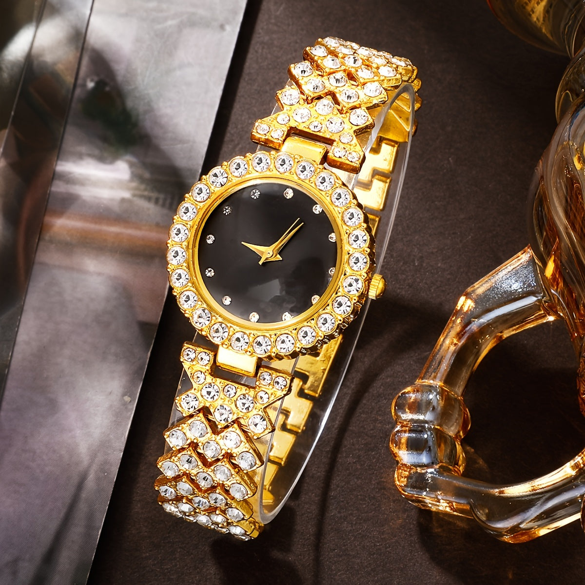 Elegant 5pcs Women's Fashion Watch & Jewelry Set - Vintage Faux Leather Band Quartz Watches with Crystal Accents, Zinc Alloy Case