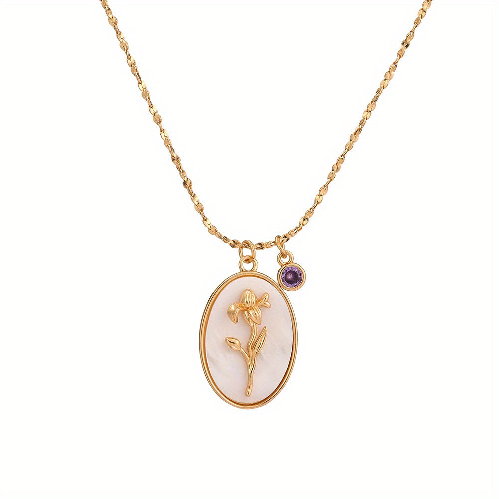 1pc Vintage Elegant 3D Birth Flower Pendant Necklace, 14K Golden Plated Copper with Synthetic December Birthstone, Oval White Shell Charm for Daily & Gift Occasions, Valentine'S Day Jewelry