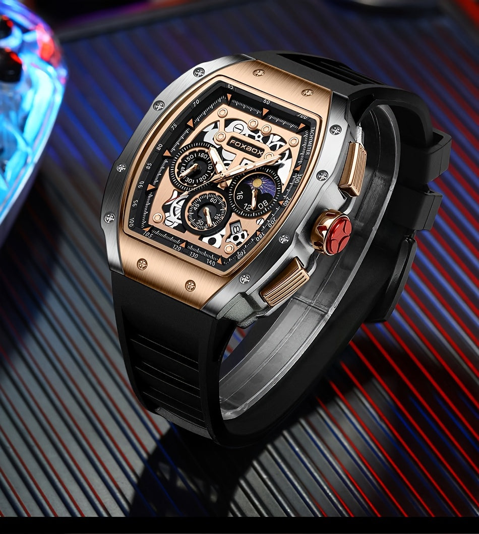 ساعة فوكس بوكس ​​كوارتز للرجال مقاومة للماء، ساعة رياضية من السيليكون مع التاريخ