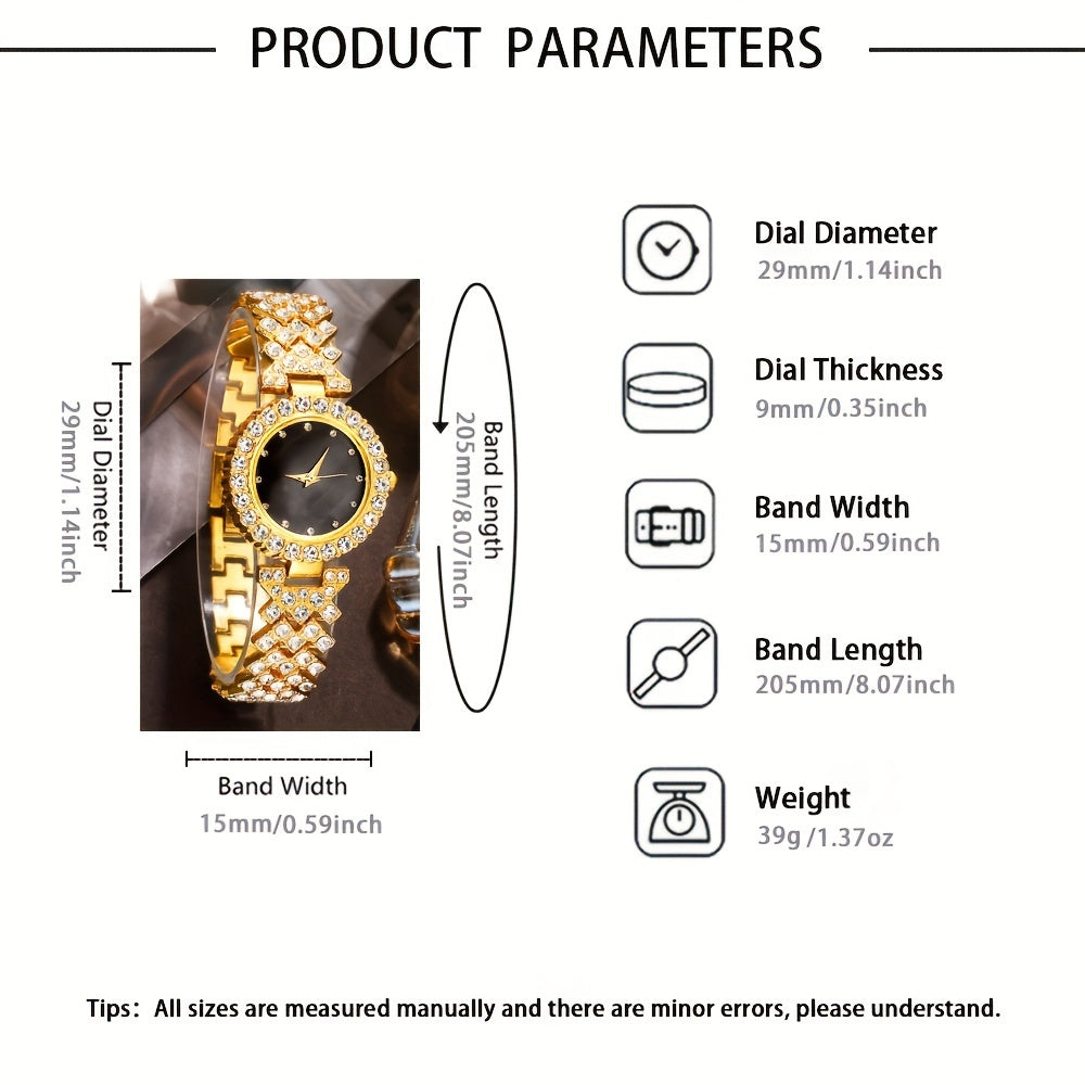 Elegant 5pcs Women's Fashion Watch & Jewelry Set - Vintage Faux Leather Band Quartz Watches with Crystal Accents, Zinc Alloy Case