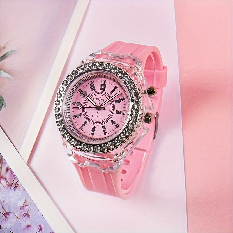 Trendy LED Glowing Watches Rhinestone Stubbed Silicone Watches Gift For Birthday Christmas Gift Accessories