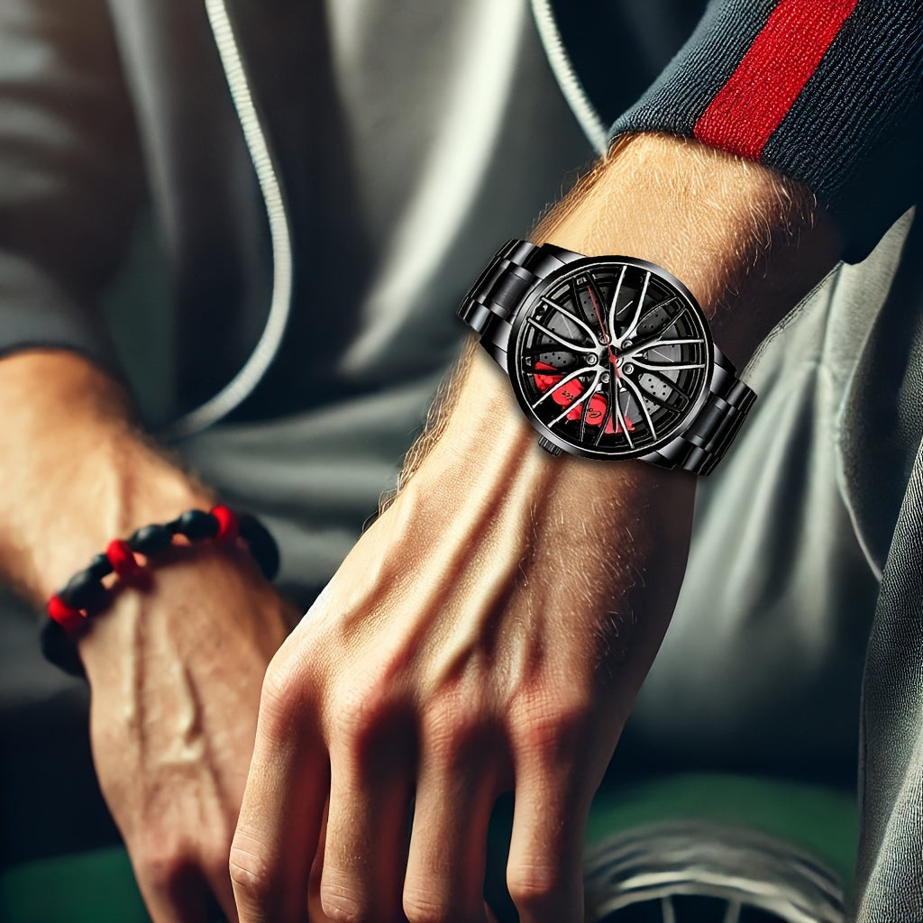1pc Men's Trendy Black Alloy Sports Car Wheel Hub Design Quartz Watch - Fashionable Wrist Watches with Stylish Hubcap Pattern, Water Resistant and Accurate Timekeeping - Perfect for Outdoor Enthusiasts and Car Lovers
