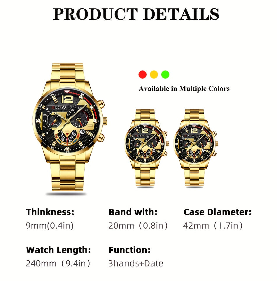 3pcs/set, Fashion Mens Business Stainless Steel Calendar Watches & Silvery Bracelet Cross Pendant Necklace