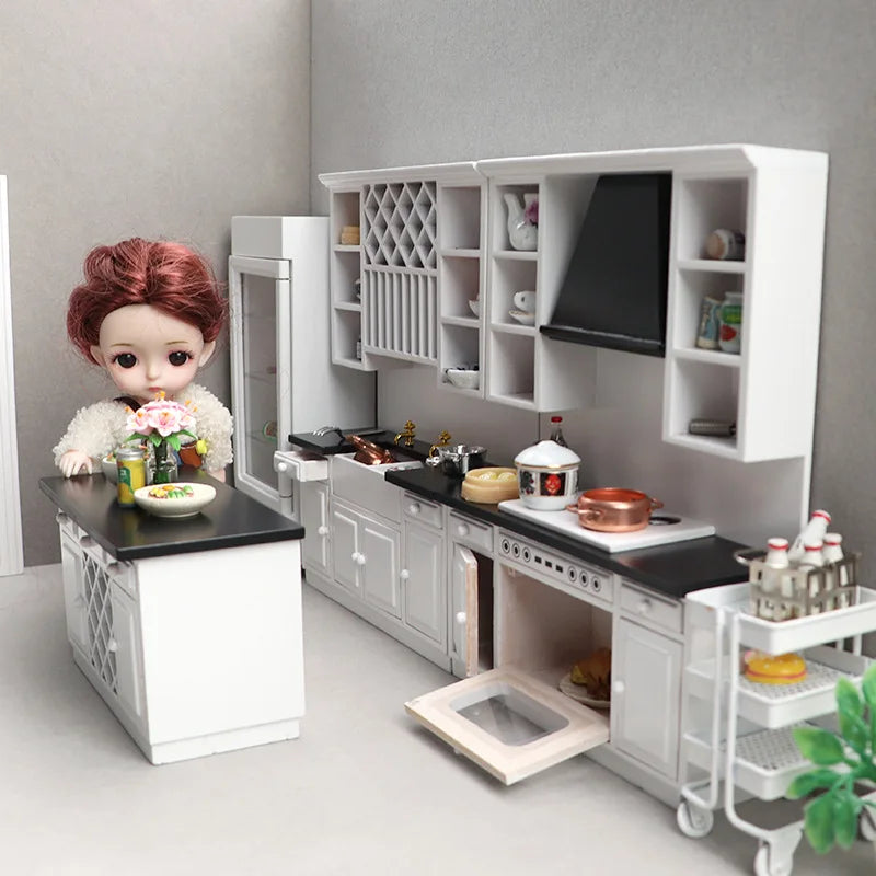 1/12 3Pcs Dollhouse Kitchen Cabinet Dining Room Furniture Set Doll House DIY Decor Mini Bar Counter Furniture Accessories