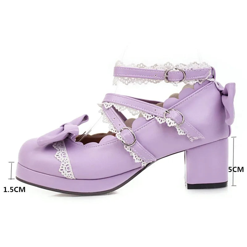 PXELENA Sweet Lolita Princess Mary Janes Shoes Bowtie Ruffles Cross Tied Strappy Cosplay Uniform Pumps Women Wedding Party Girls