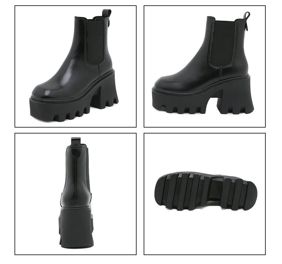 GDGYDH Slip-On Women Motorcycle Boots Square High Heels Thick Platform Female Ankle Boots Black Plus Sizes Chelsea Boots Women