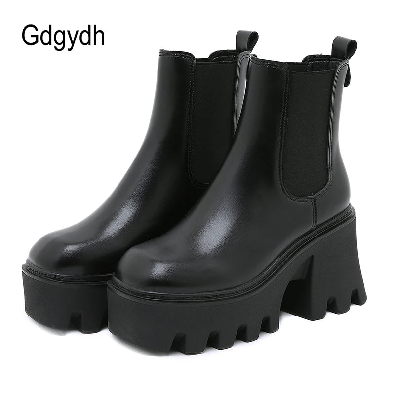 GDGYDH Slip-On Women Motorcycle Boots Square High Heels Thick Platform Female Ankle Boots Black Plus Sizes Chelsea Boots Women