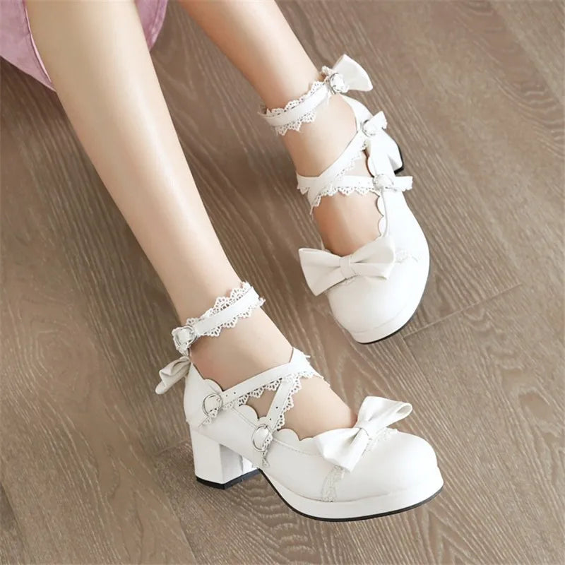 PXELENA Sweet Lolita Princess Mary Janes Shoes Bowtie Ruffles Cross Tied Strappy Cosplay Uniform Pumps Women Wedding Party Girls
