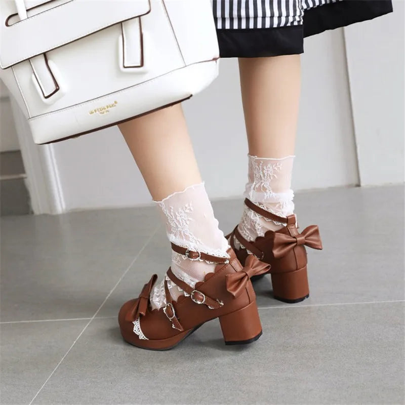 PXELENA Sweet Lolita Princess Mary Janes Shoes Bowtie Ruffles Cross Tied Strappy Cosplay Uniform Pumps Women Wedding Party Girls