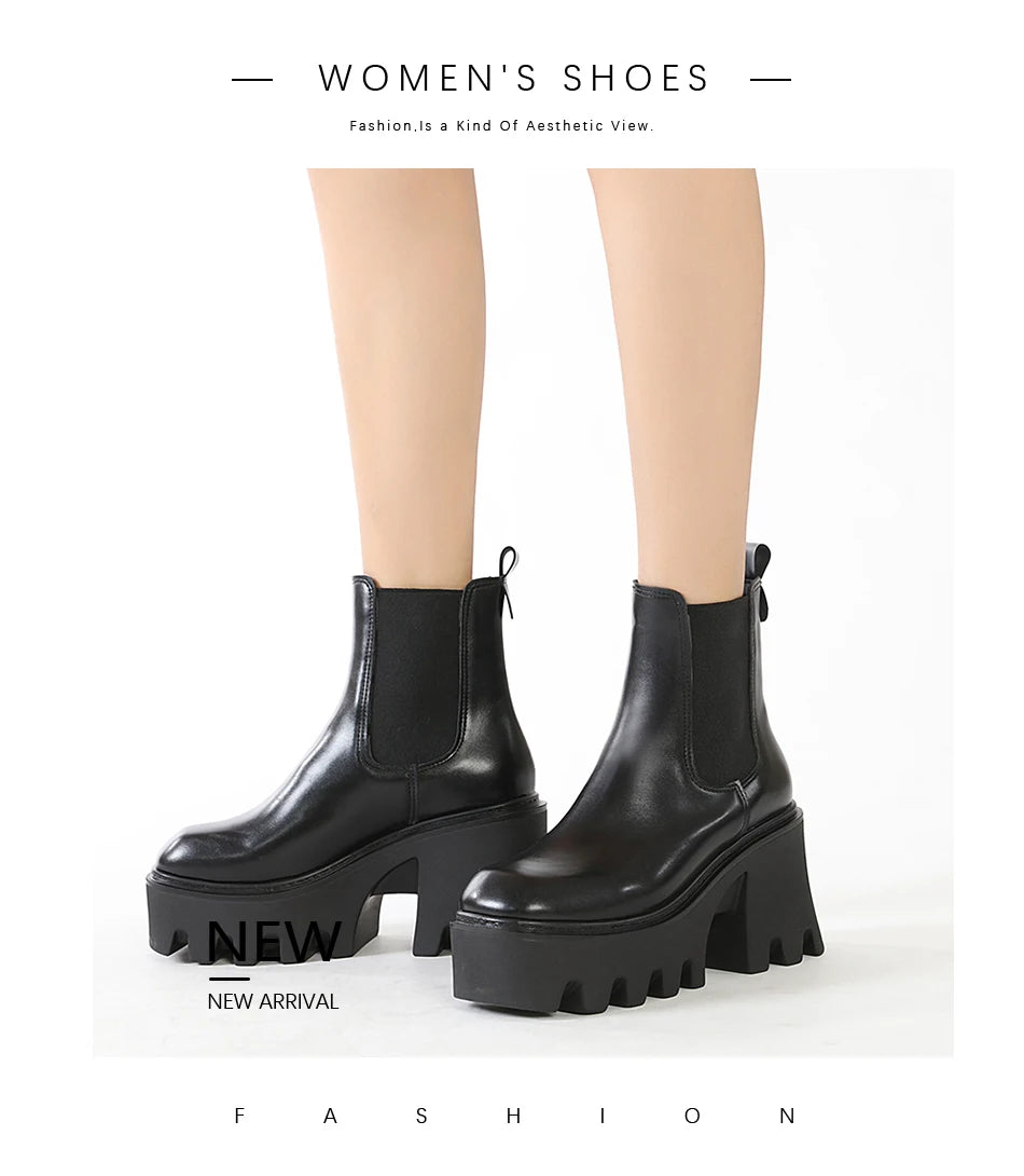 GDGYDH Slip-On Women Motorcycle Boots Square High Heels Thick Platform Female Ankle Boots Black Plus Sizes Chelsea Boots Women