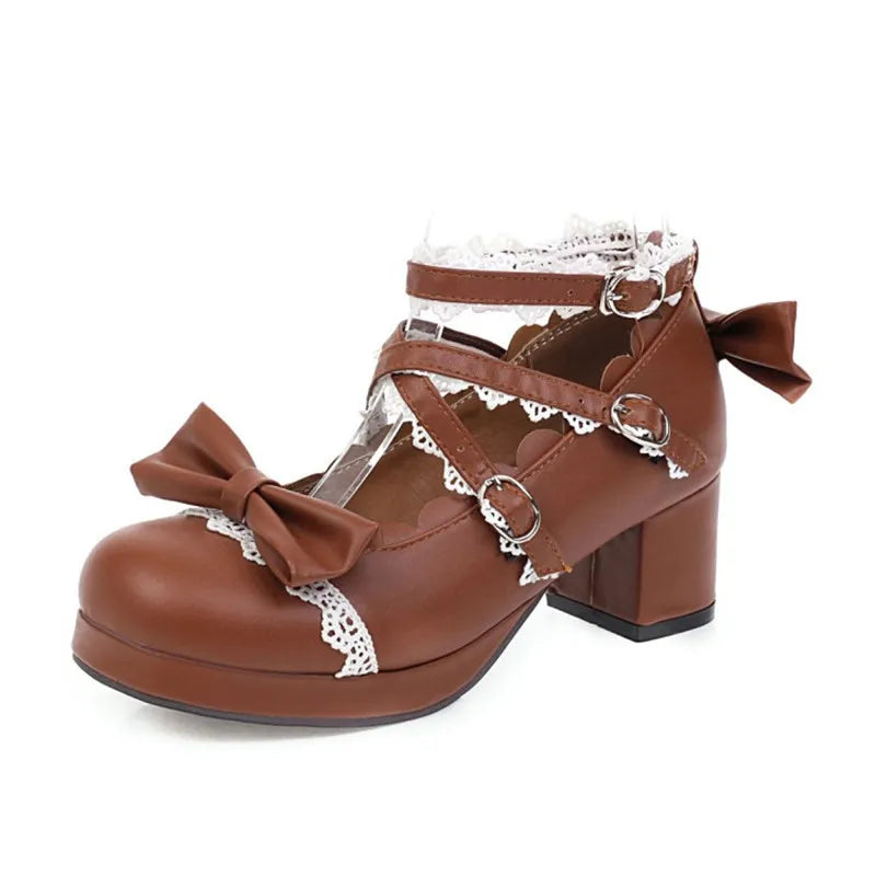 PXELENA Sweet Lolita Princess Mary Janes Shoes Bowtie Ruffles Cross Tied Strappy Cosplay Uniform Pumps Women Wedding Party Girls